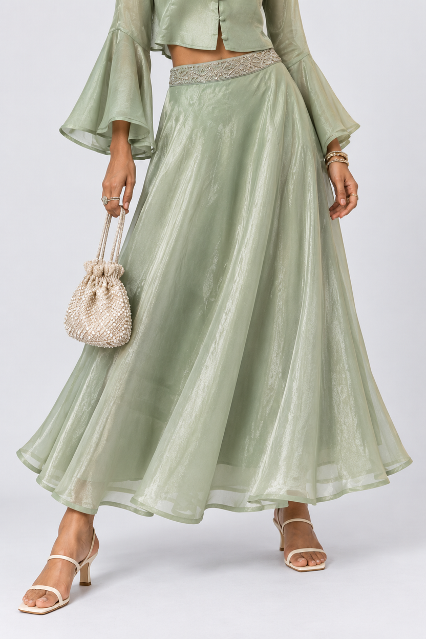 Womens Flared Green Embroidered Skirt - Image 1