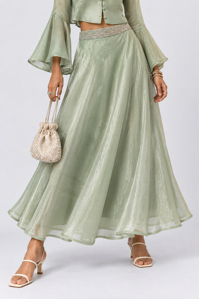 Womens Flared Green Embroidered Skirt