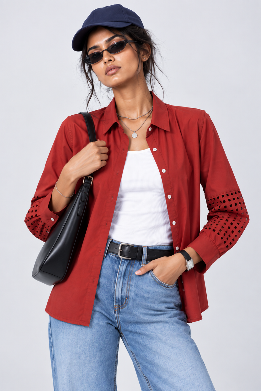 Womens Regular Fit Red Cut-Work Sleeve Shirt - Image 1