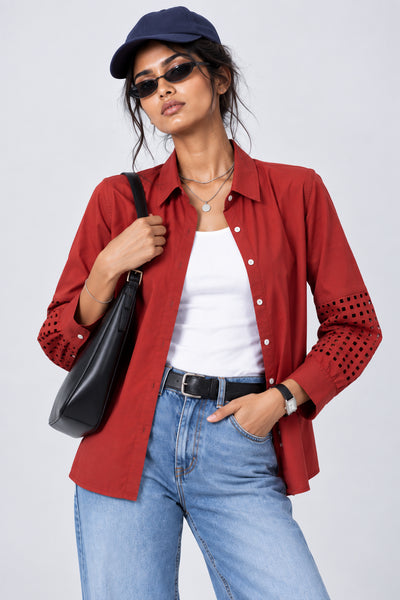 Womens Regular Fit Red Cut-Work Sleeve Shirt