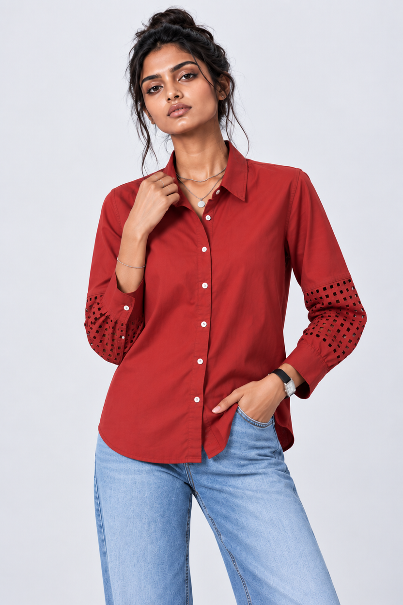 Womens Regular Fit Red Cut-Work Sleeve Shirt - Image 2