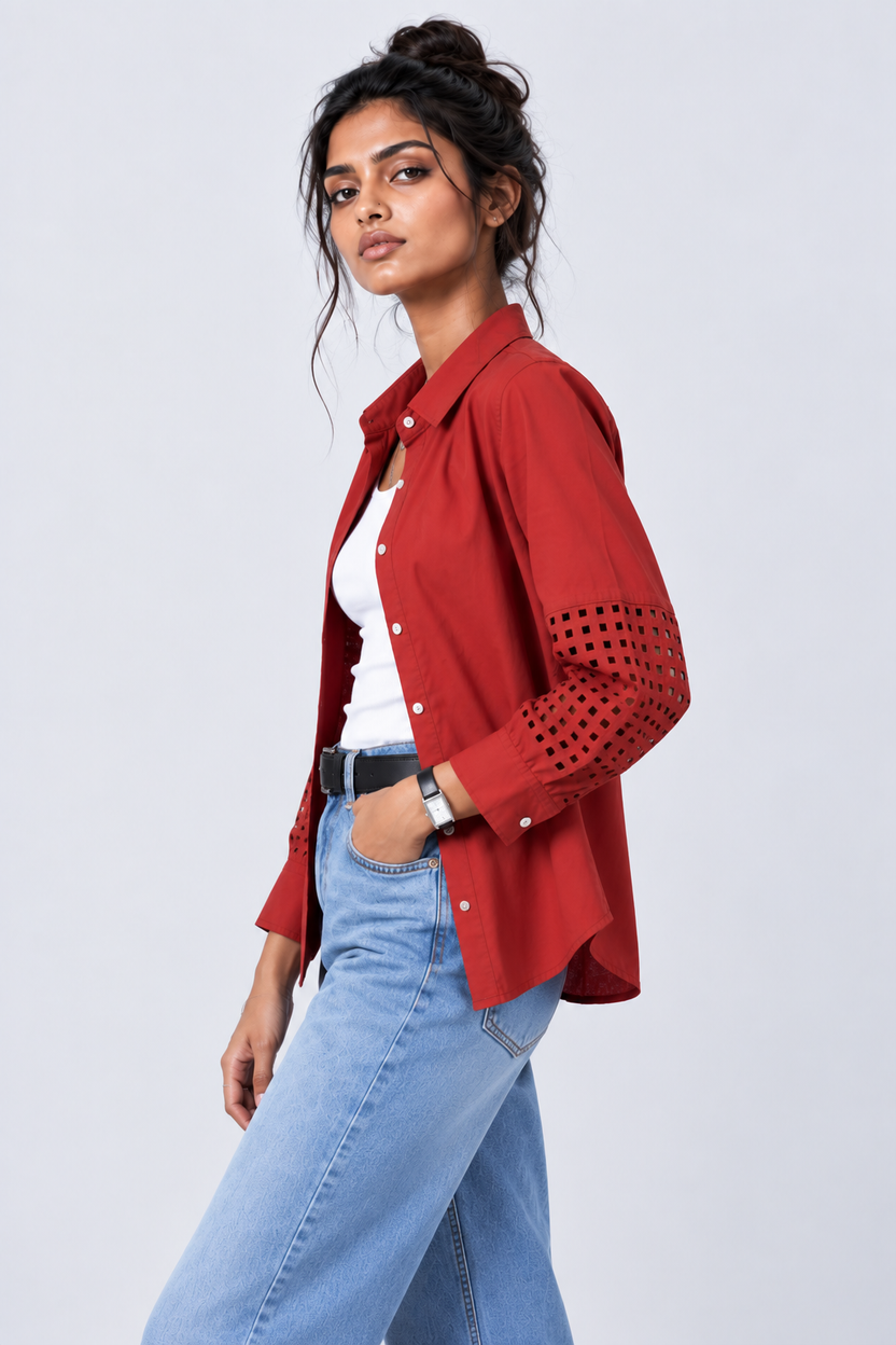 Womens Regular Fit Red Cut-Work Sleeve Shirt - Image 4