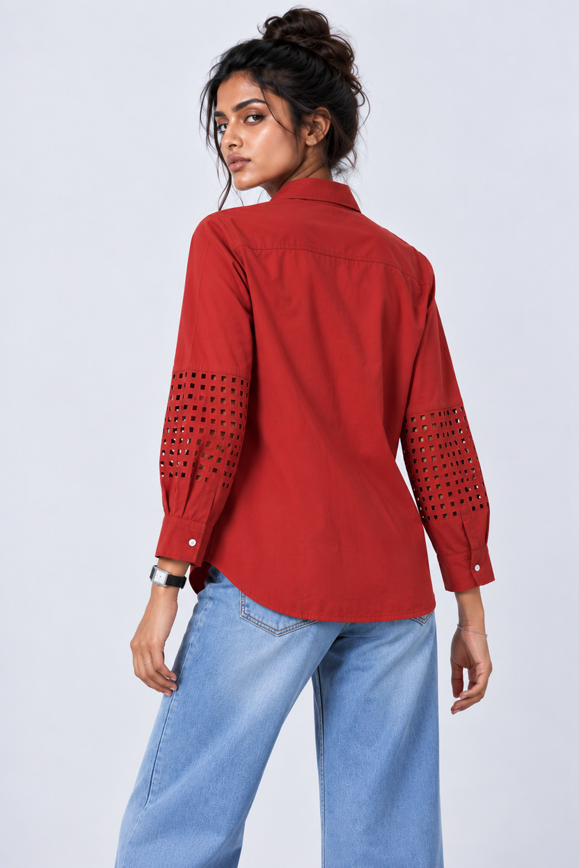 Womens Regular Fit Red Cut-Work Sleeve Shirt - Image 5