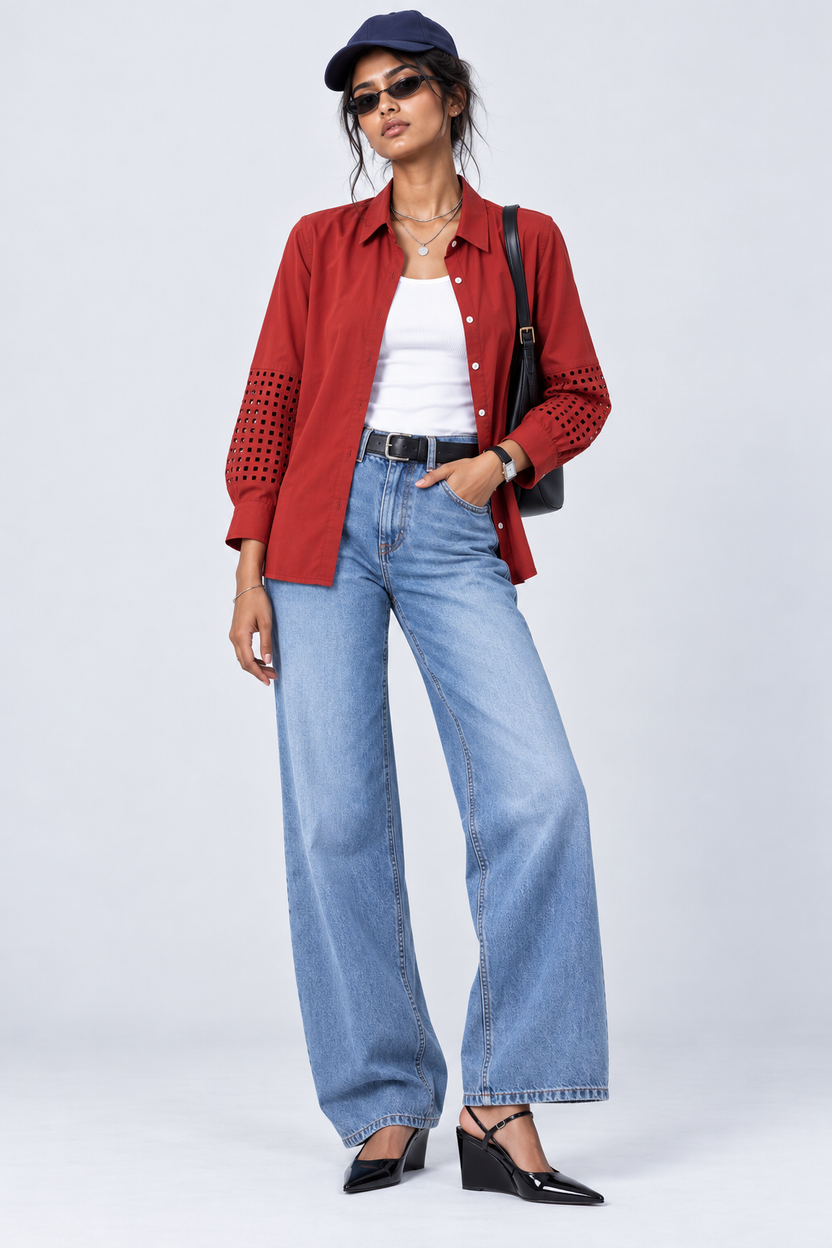 Womens Regular Fit Red Cut-Work Sleeve Shirt - Image 6