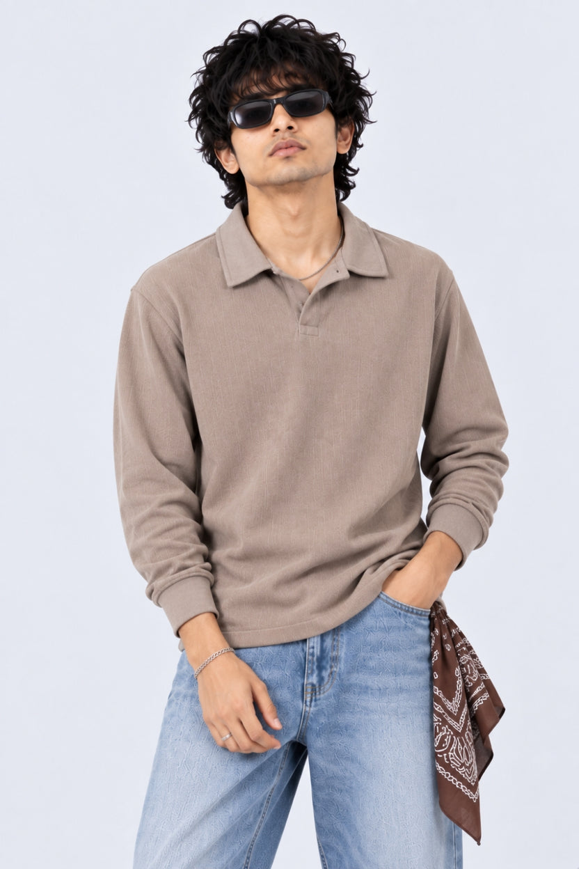 Mens Beige Relaxed Fit Polo Sweatshirt - Image 1