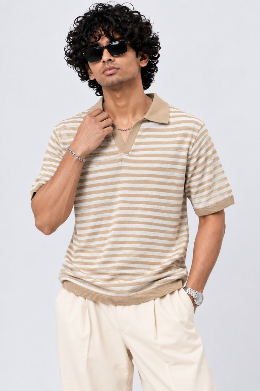 Mens Beige Striped Polo T-Shirt - Image 1