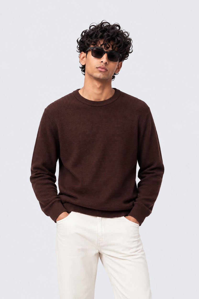 Mens Brown Textured Knit Sweater - Image 1
