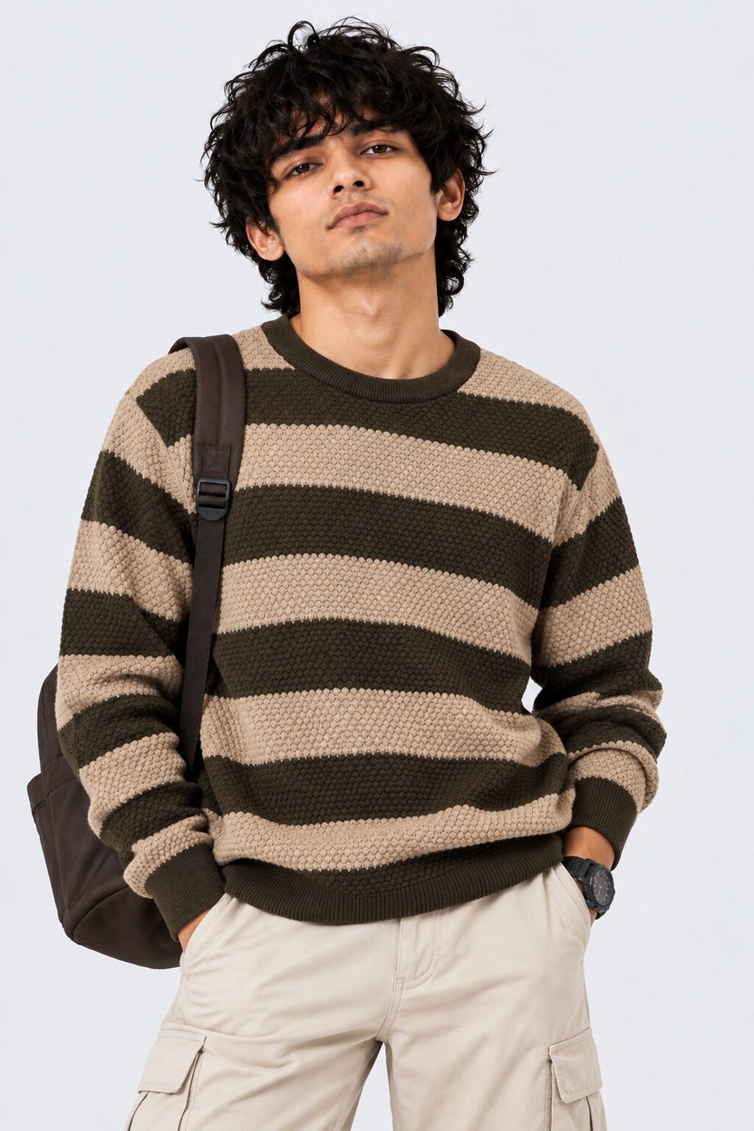 Mens Beige and Olive Striped Textured Sweater - Image 1