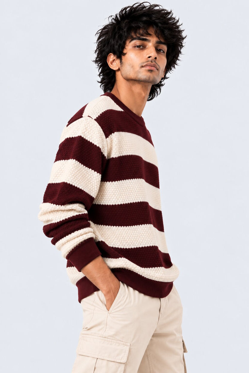 Mens Beige and Maroon Striped Textured Sweater - Image 1
