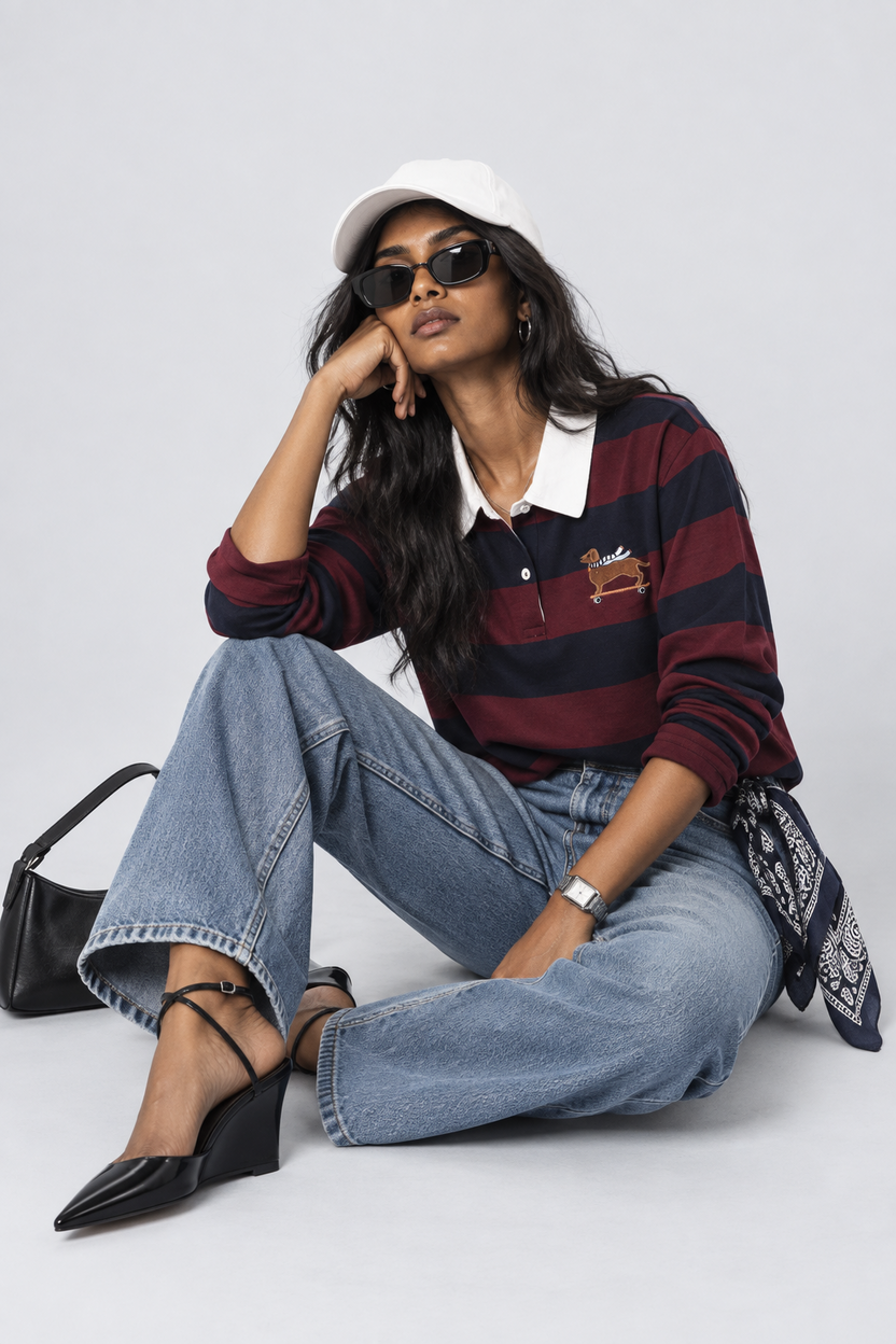 Womens Maroon Striped Rugby Polo Neck Sweatshirt - Image 1