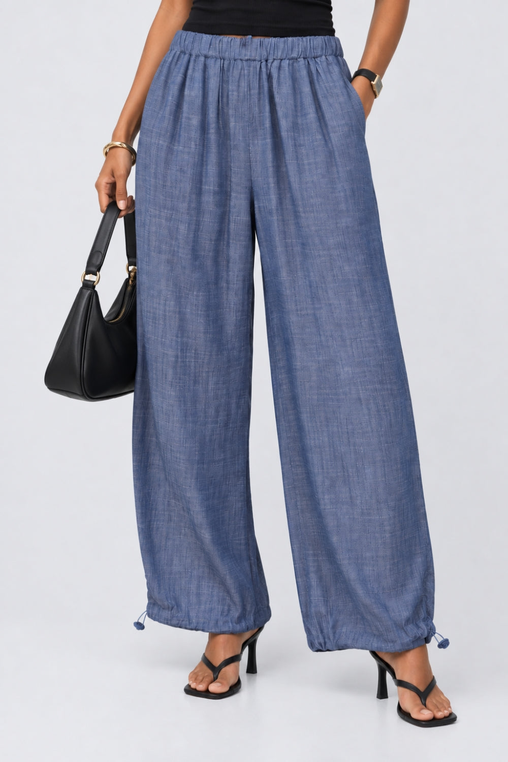 Womens Wide Leg Fit Light Blue Elastic Pant - Image 1