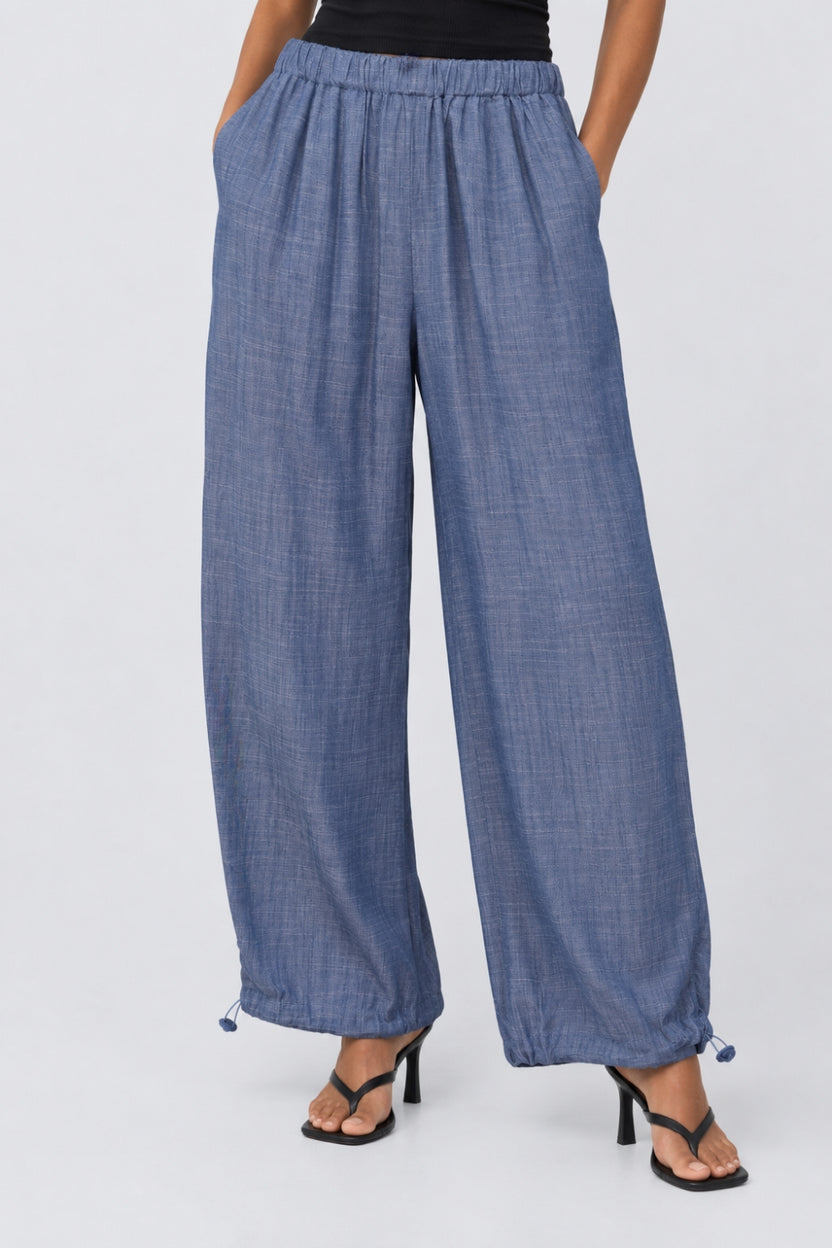 Womens Wide Leg Fit Light Blue Elastic Pant - Image 2