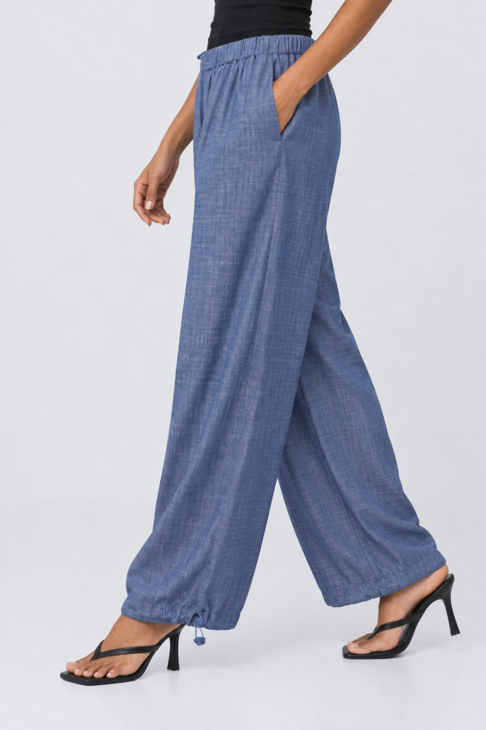 Womens Wide Leg Fit Light Blue Elastic Pant - Image 4