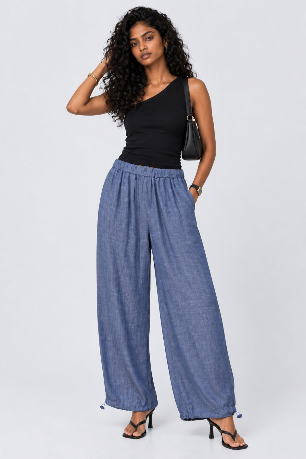 Womens Wide Leg Fit Light Blue Elastic Pant - Image 6