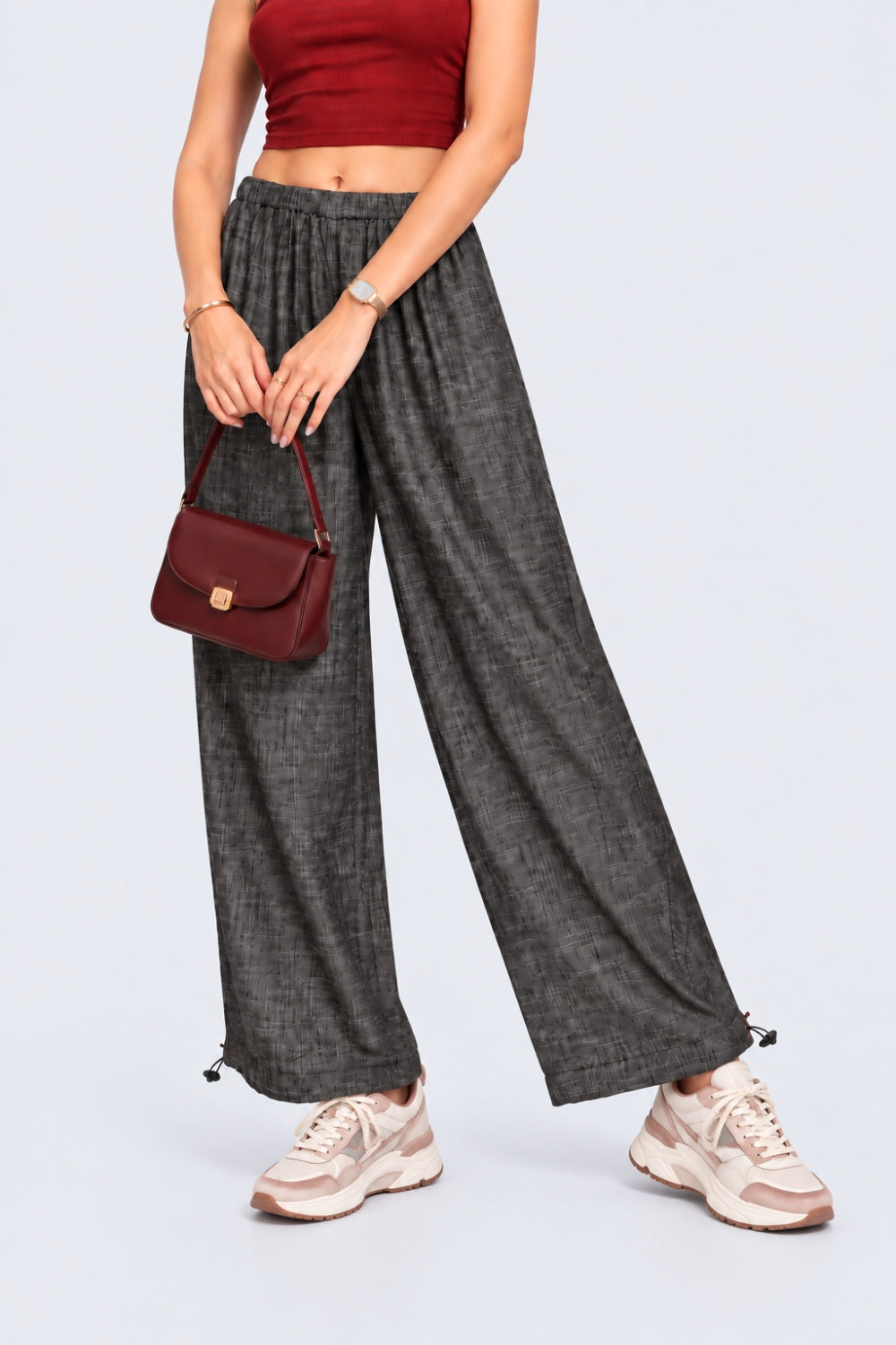 Womens Wide Leg Fit Light Black Elastic Pant - Image 1