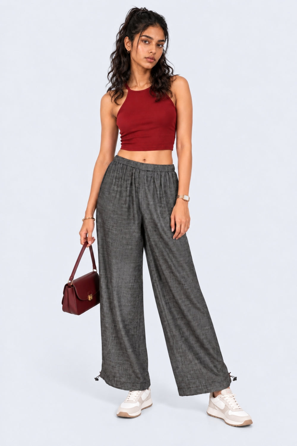 Womens Wide Leg Fit Light Black Elastic Pant - Image 6