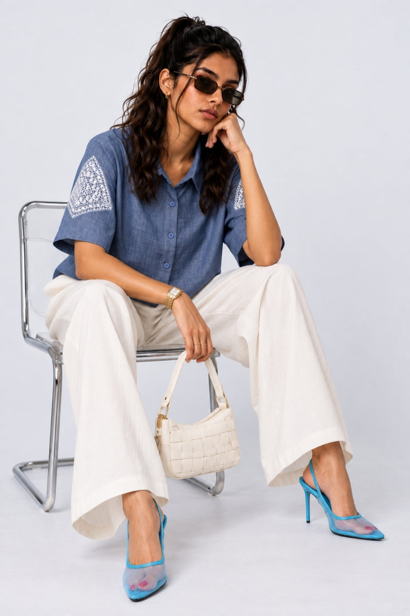 Womens Regular Fit Light Blue Embroidered Shirt - Image 1