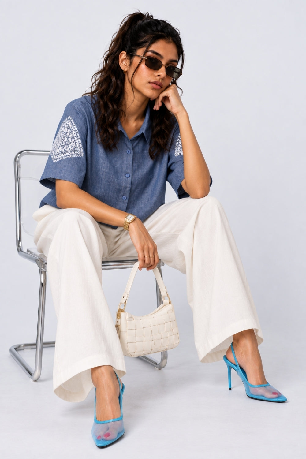 Womens Regular Fit Light Blue Embroidered Shirt - Image 1