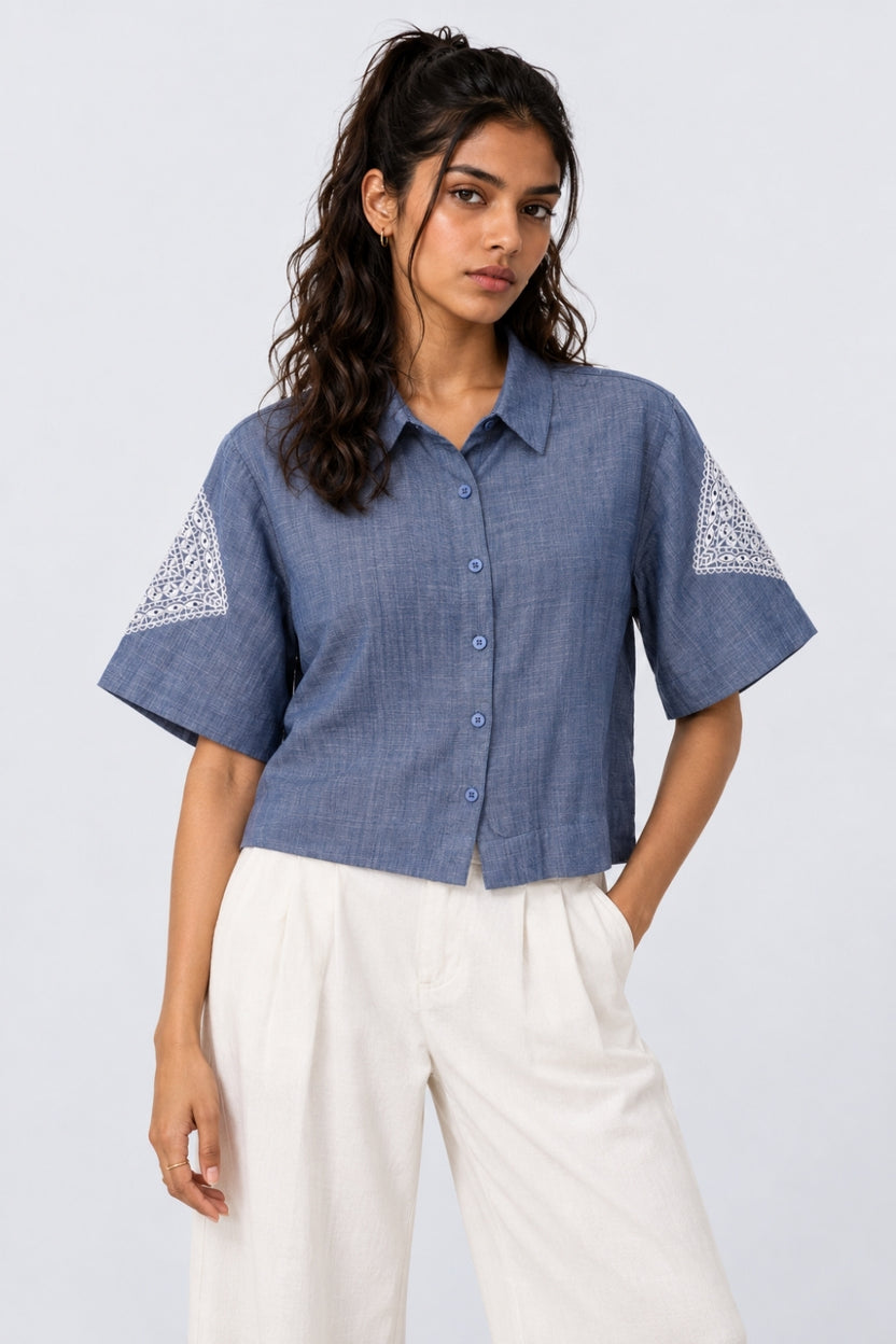 Womens Regular Fit Light Blue Embroidered Shirt - Image 2