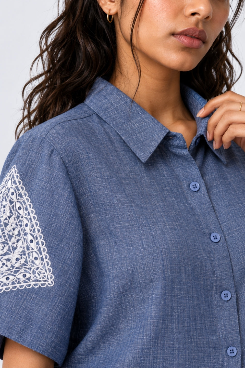 Womens Regular Fit Light Blue Embroidered Shirt - Image 3