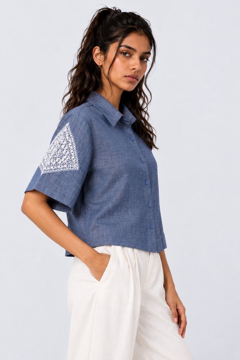 Womens Regular Fit Light Blue Embroidered Shirt - Image 4