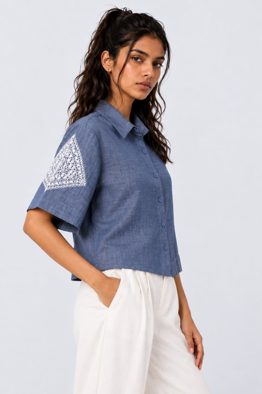 Womens Regular Fit Light Blue Embroidered Shirt - Image 4