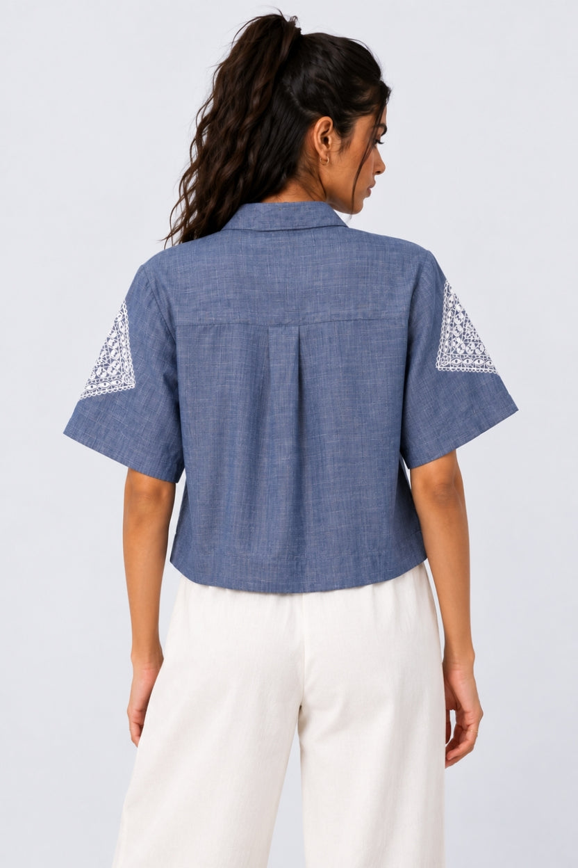Womens Regular Fit Light Blue Embroidered Shirt - Image 5