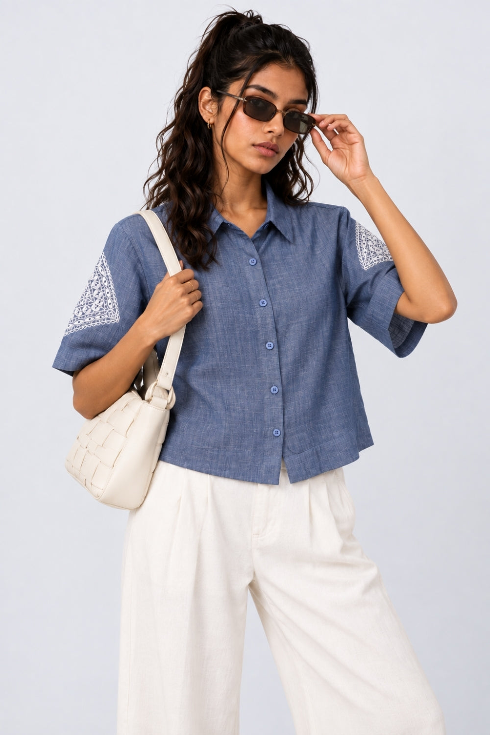 Womens Regular Fit Light Blue Embroidered Shirt - Image 6