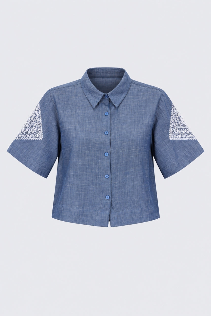 Womens Regular Fit Light Blue Embroidered Shirt - Image 7