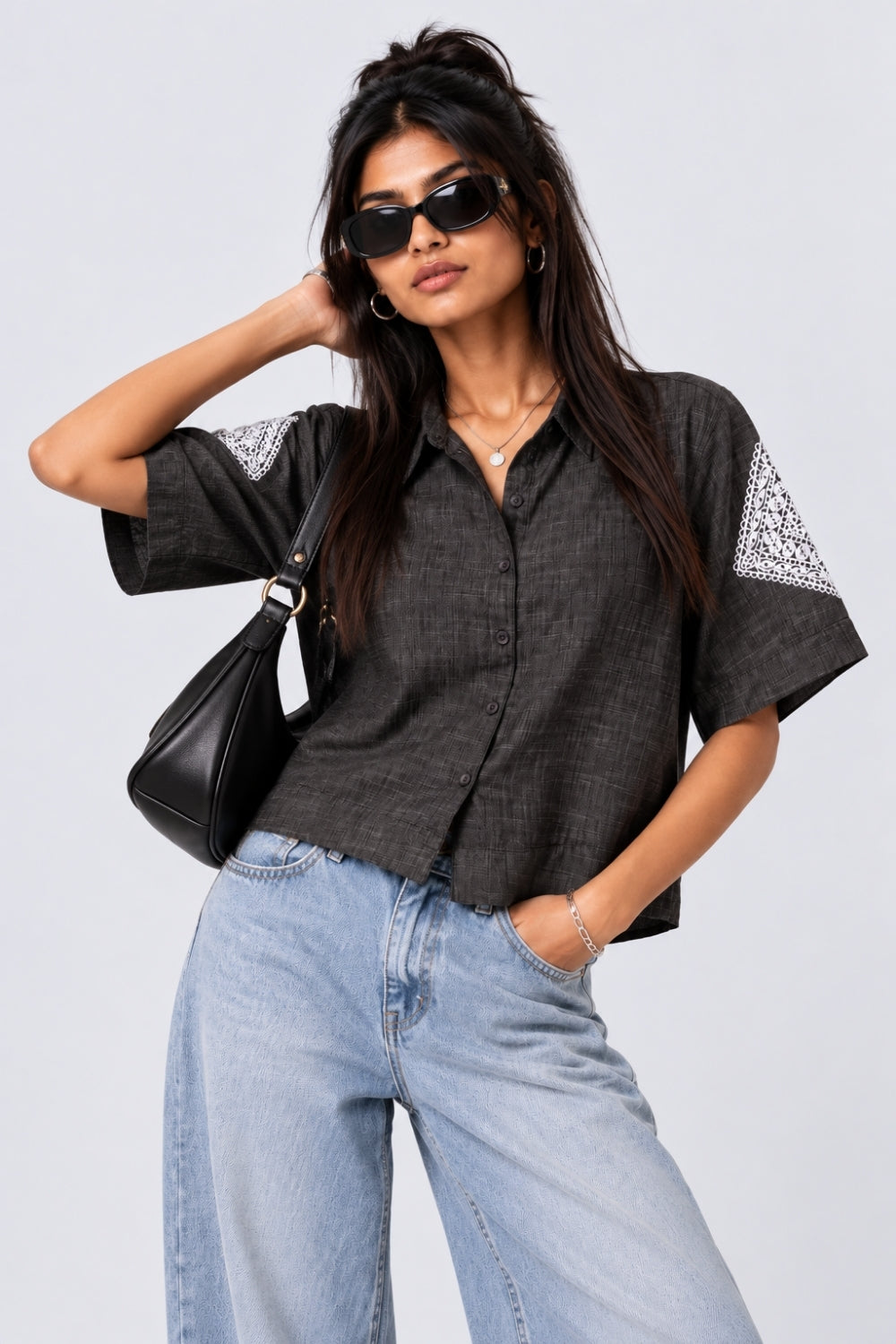 Womens Regular Fit Black Embroidered Shirt - Image 1