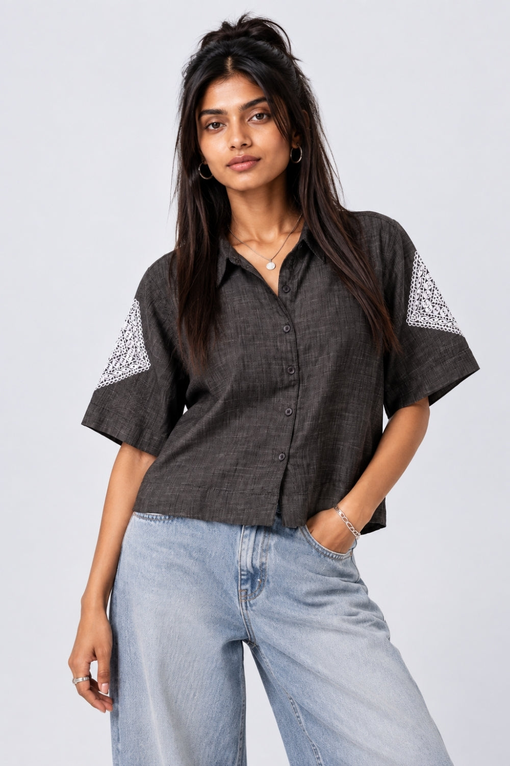 Womens Regular Fit Black Embroidered Shirt - Image 2