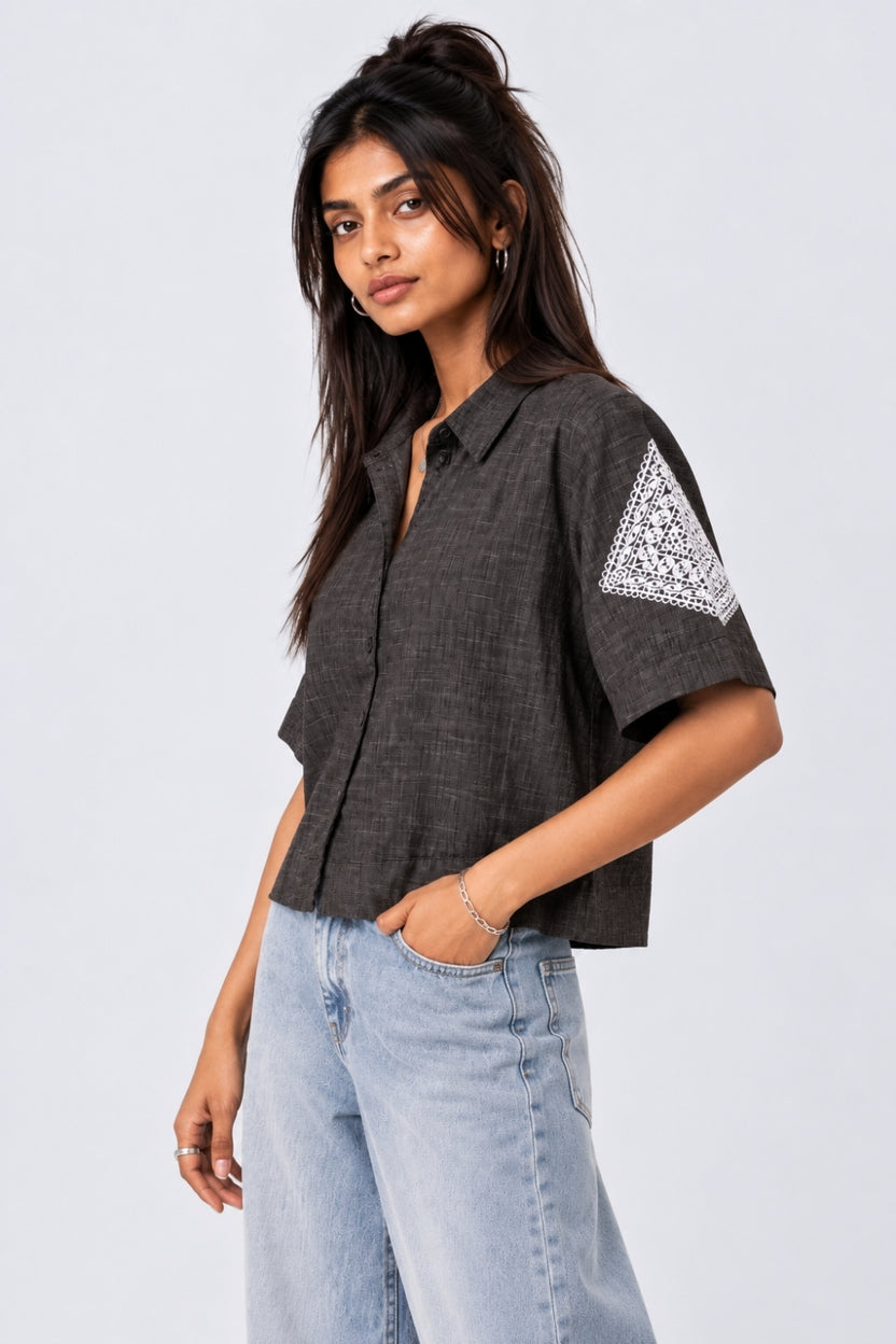 Womens Regular Fit Black Embroidered Shirt - Image 4