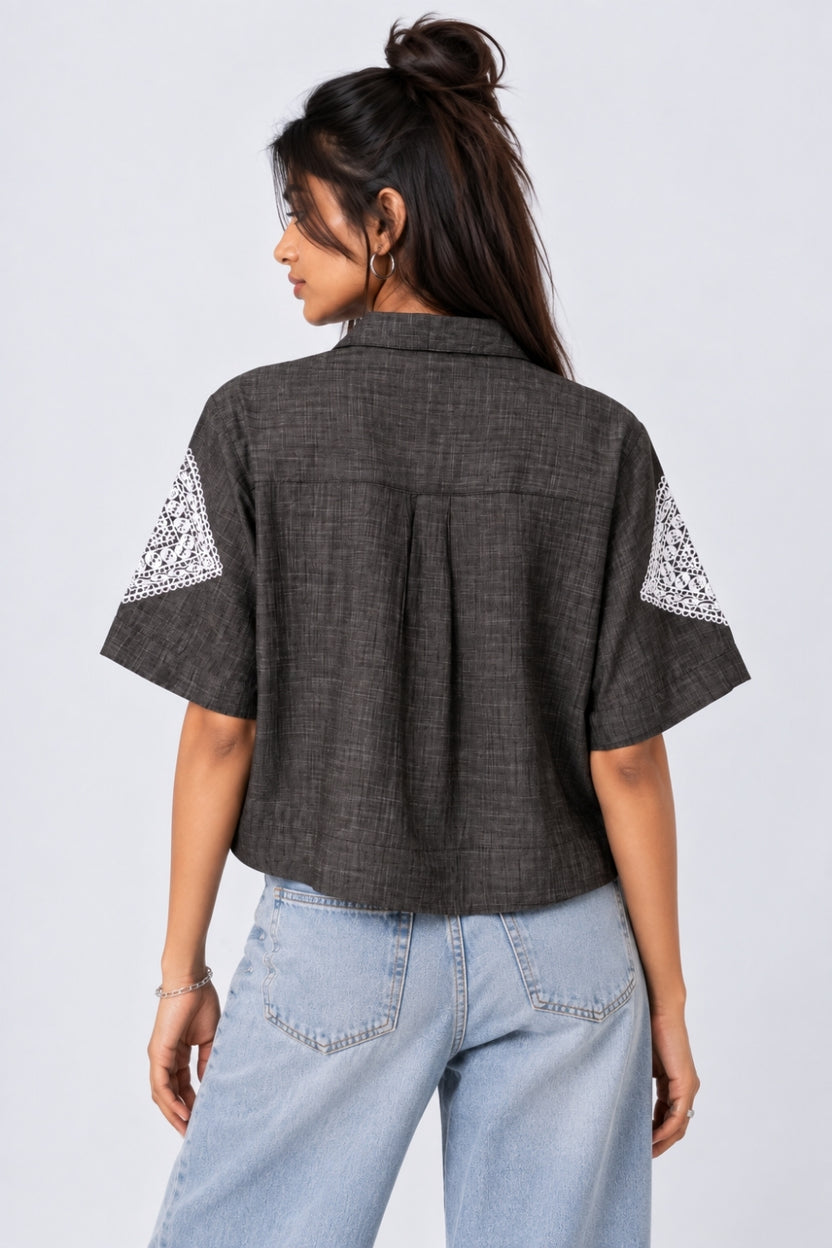 Womens Regular Fit Black Embroidered Shirt - Image 5
