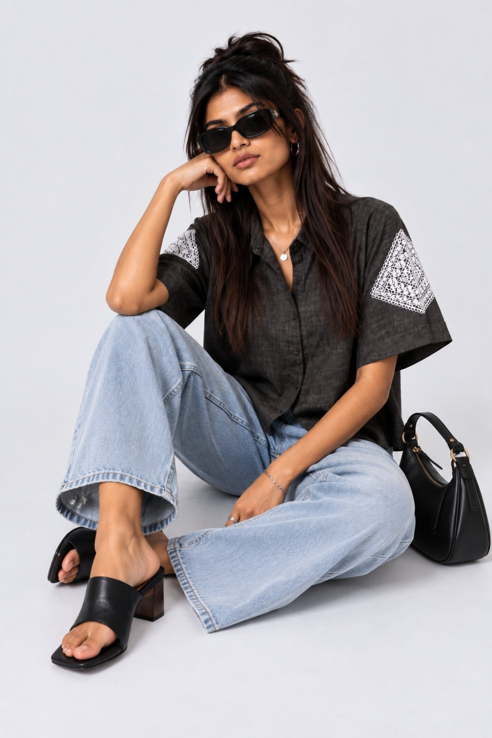 Womens Regular Fit Black Embroidered Shirt - Image 6
