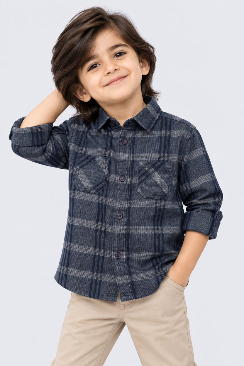 Boys Navy Checked Casual Cotton Shirt - Image 1