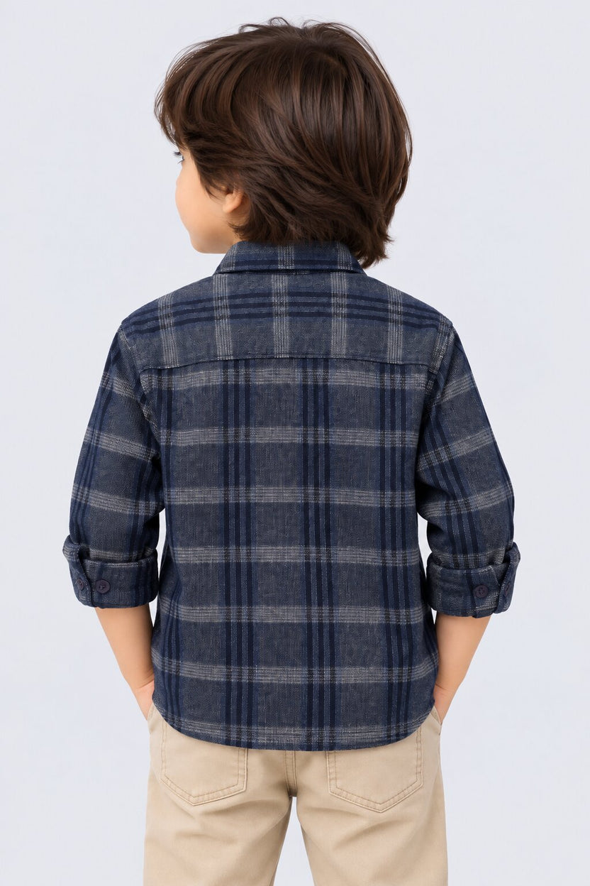 Boys Navy Checked Casual Cotton Shirt - Image 4