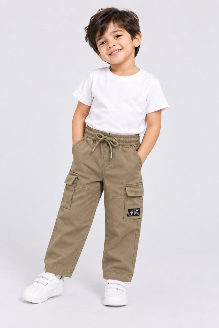 Boys Olive Solid Cargo Pocket Casual Trouser - Image 1