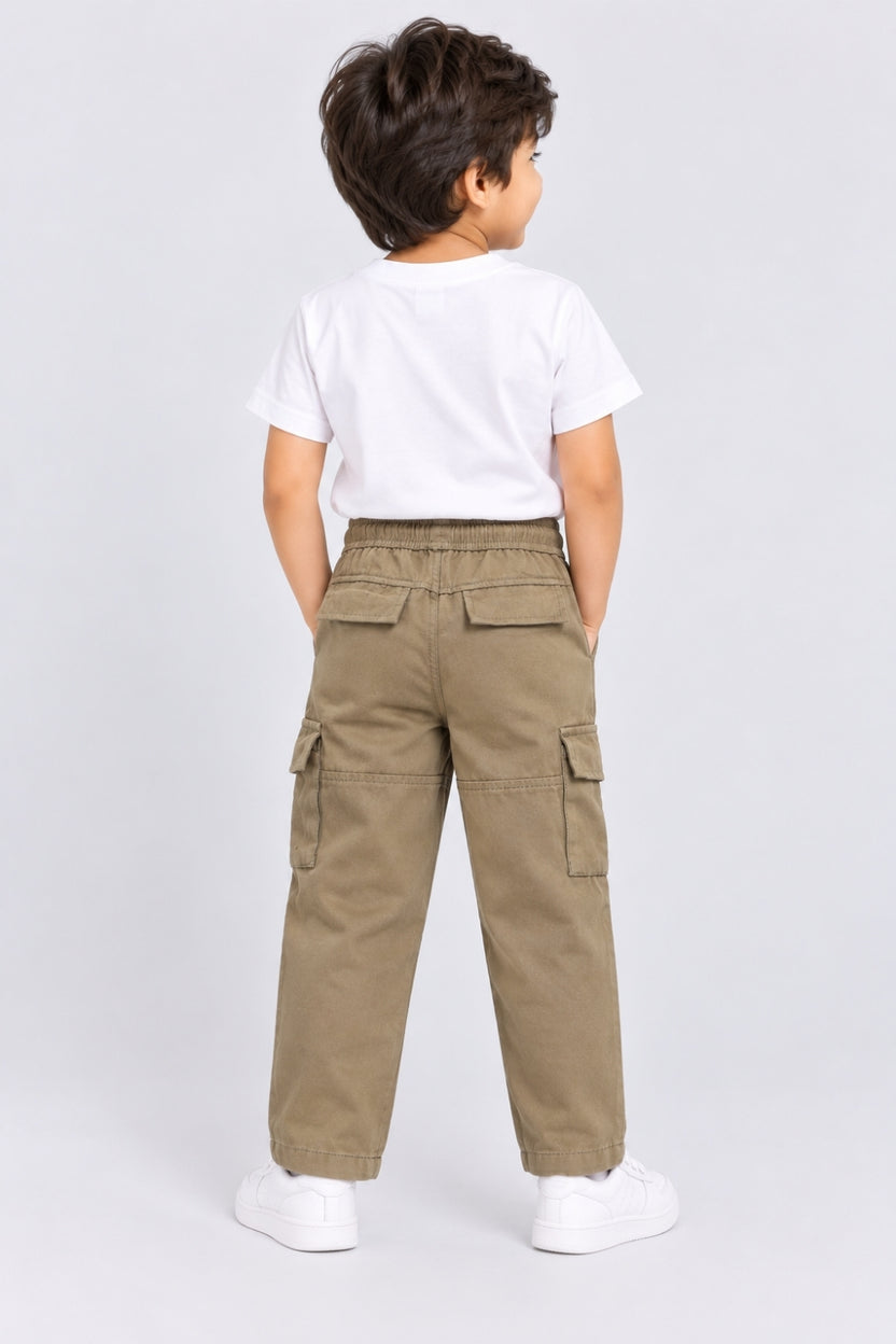 Boys Olive Solid Cargo Pocket Casual Trouser - Image 4