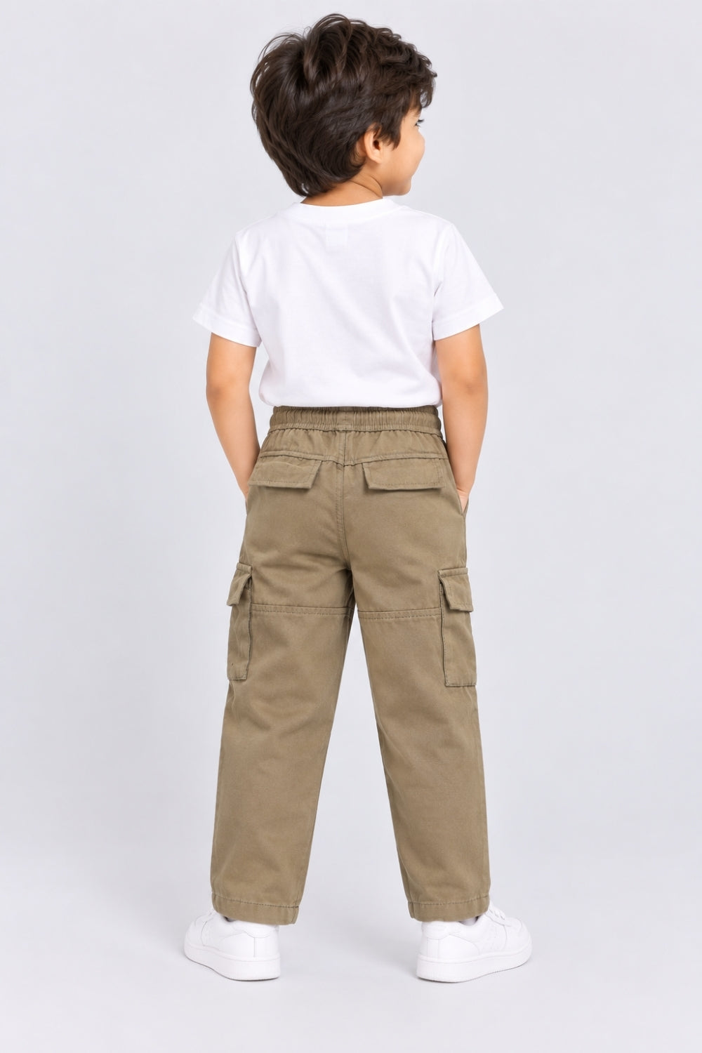 Boys Olive Solid Cargo Pocket Casual Trouser - Image 4