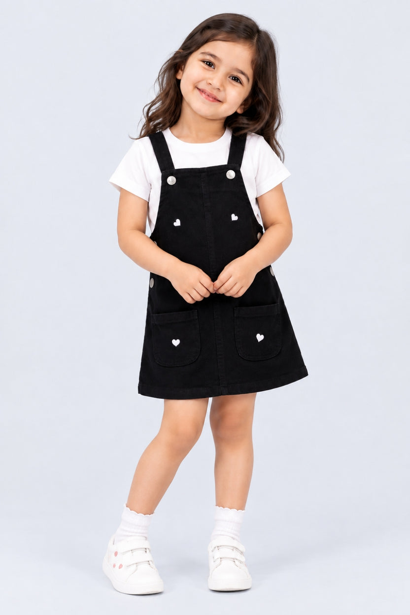 Girls Heart Embroidered Dungaree With T-Shirt - Image 1