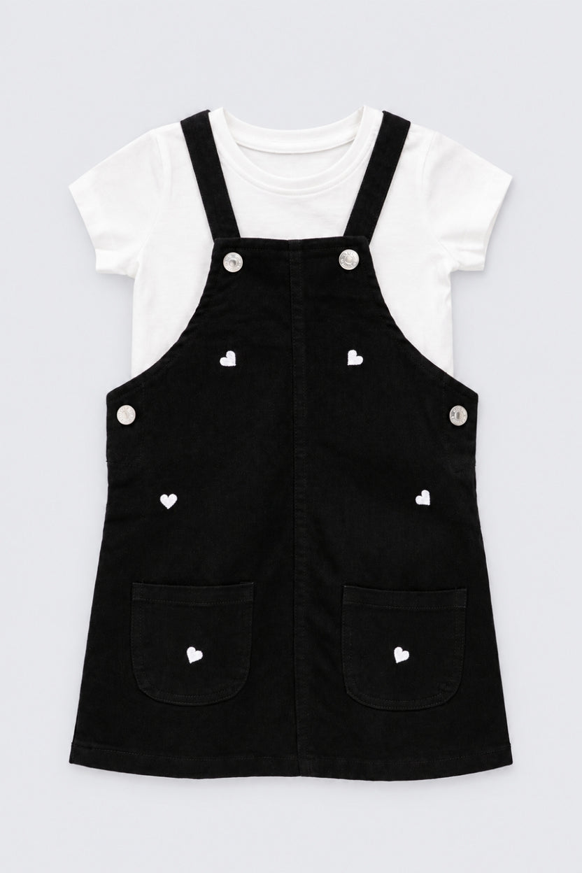 Girls Heart Embroidered Dungaree With T-Shirt - Image 2