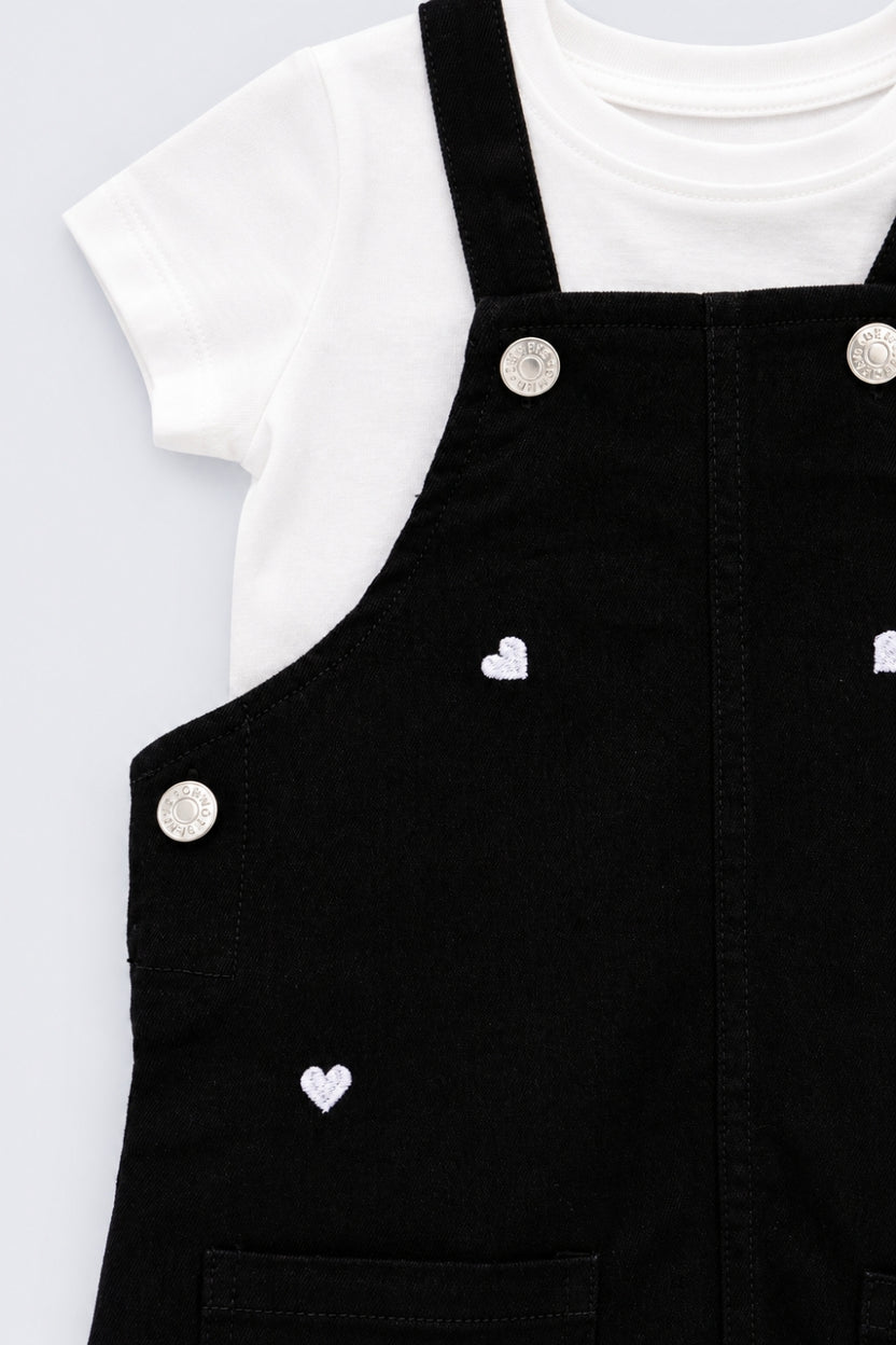 Girls Heart Embroidered Dungaree With T-Shirt - Image 6