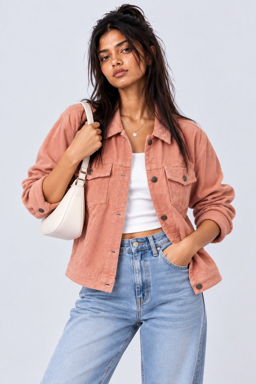 Womens Regular Fit Pink Corduroy Jacket - Image 1