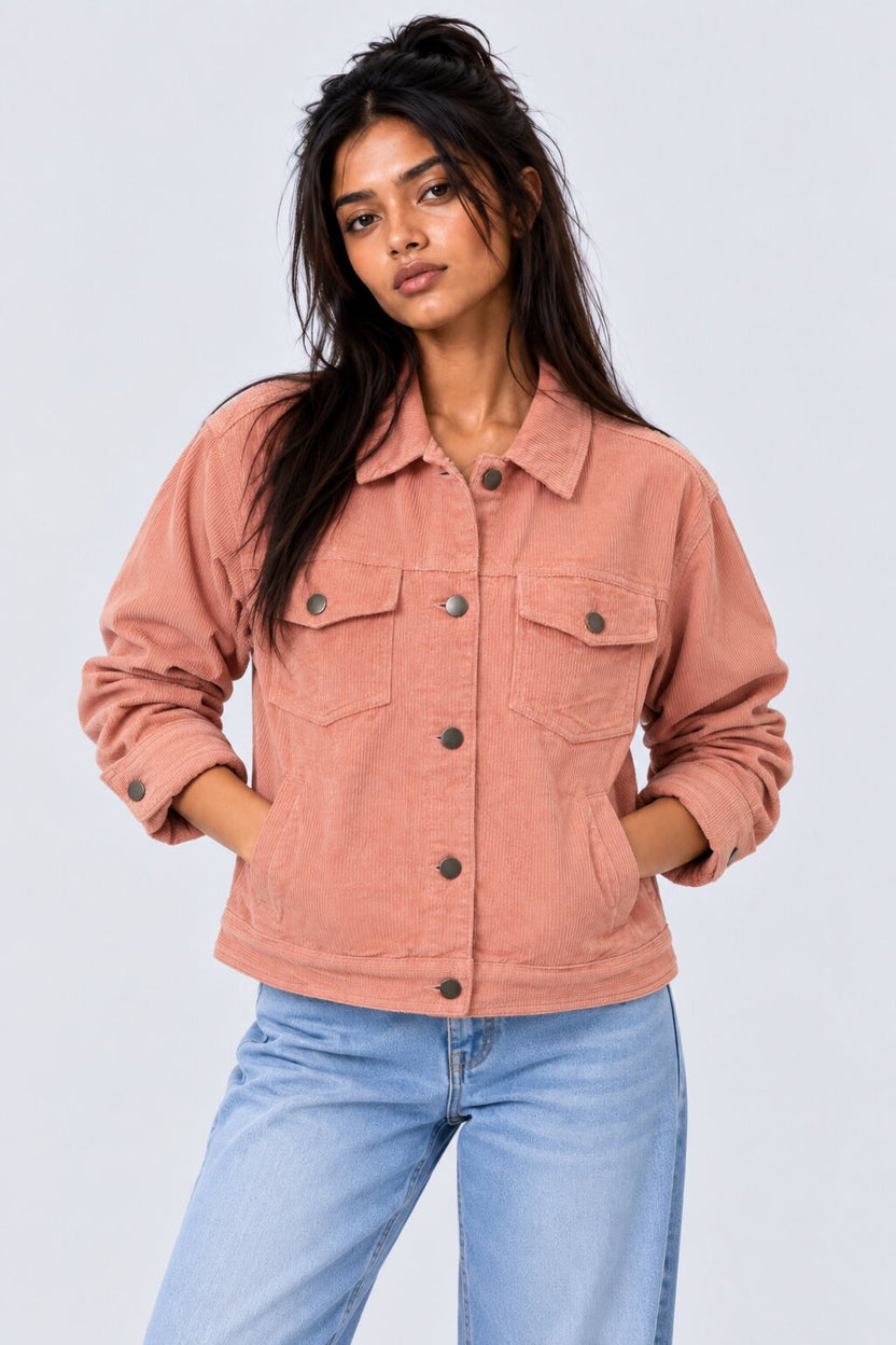 Womens Regular Fit Pink Corduroy Jacket - Image 2