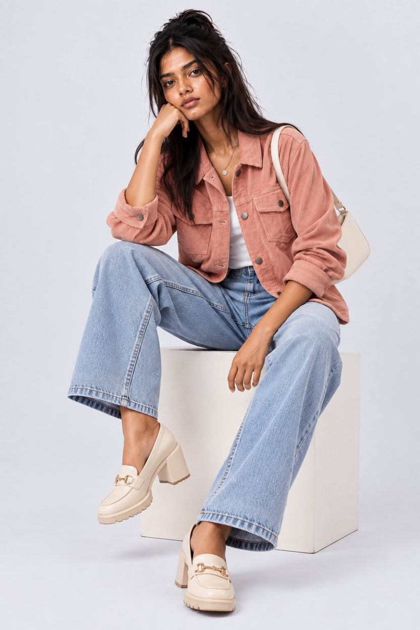 Womens Regular Fit Pink Corduroy Jacket - Image 6