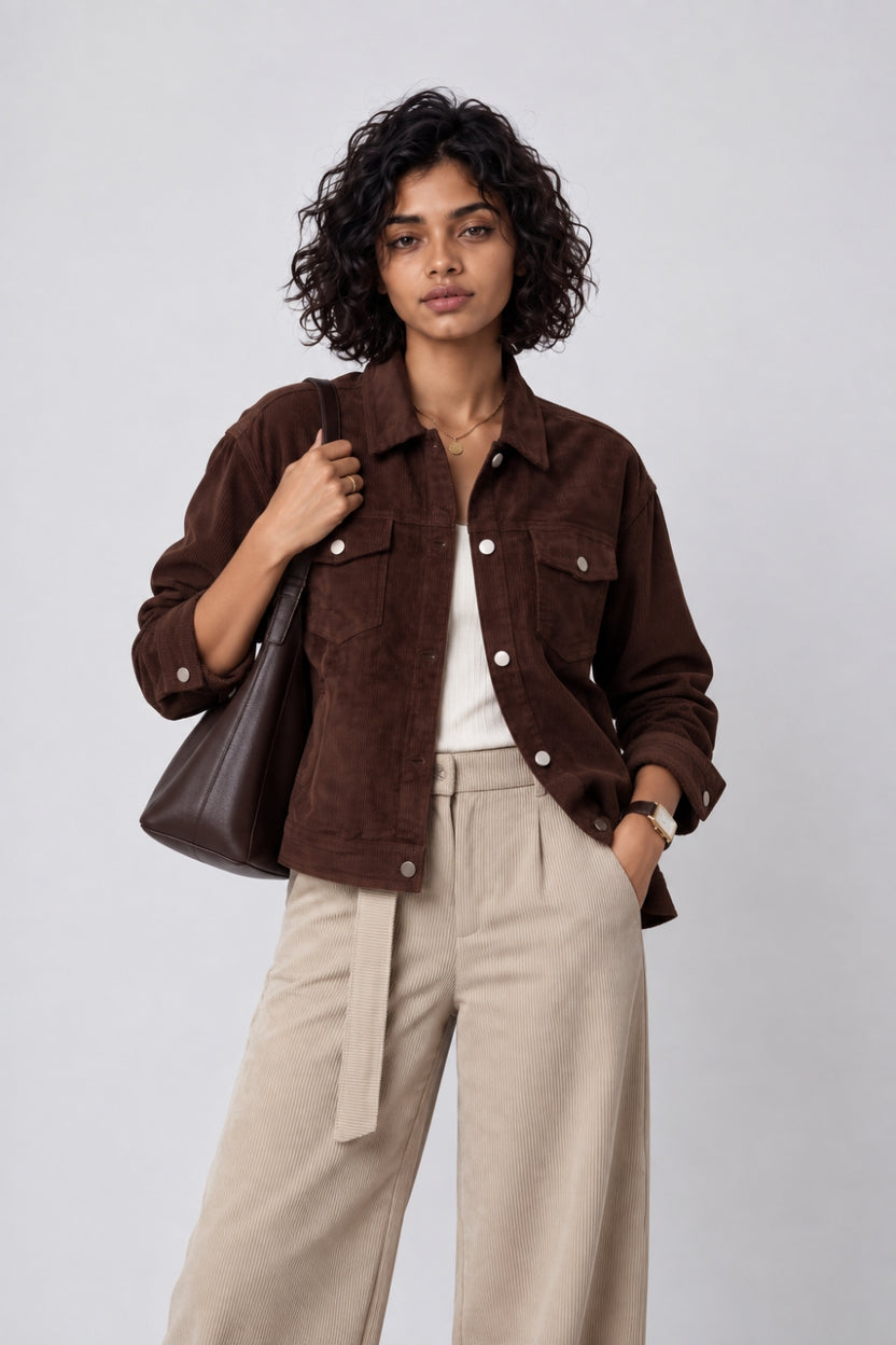 Womens Regular Fit Brown Corduroy Jacket - Image 1