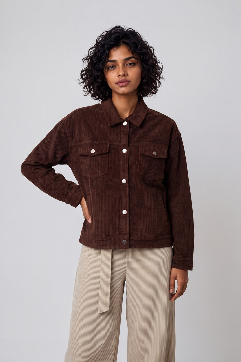 Womens Regular Fit Brown Corduroy Jacket - Image 2