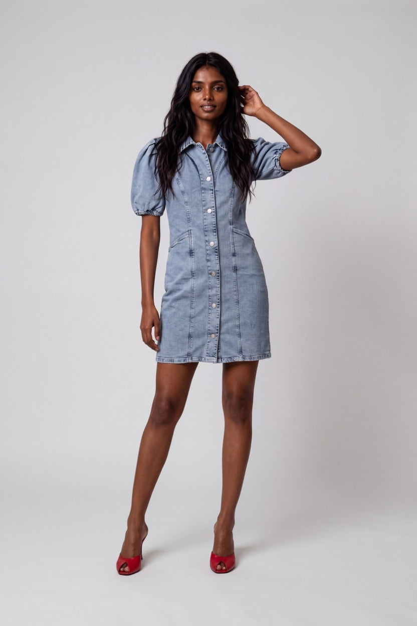 Womens Solid Light Blue Denim Puff Sleeve Dress - Image 1
