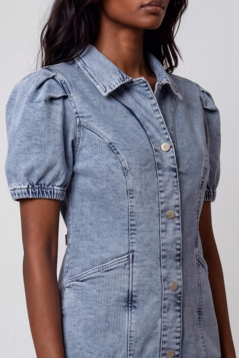 Womens Solid Light Blue Denim Puff Sleeve Dress - Image 3