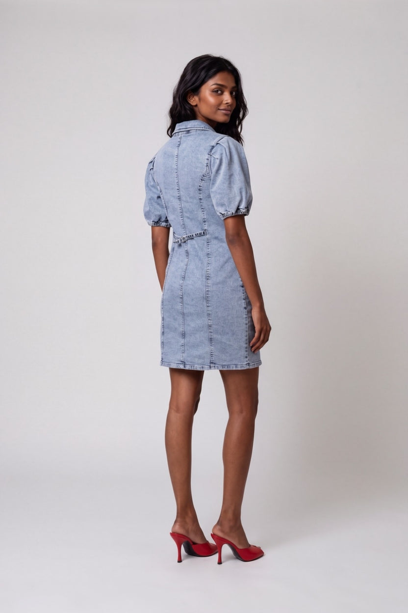 Womens Solid Light Blue Denim Puff Sleeve Dress - Image 5